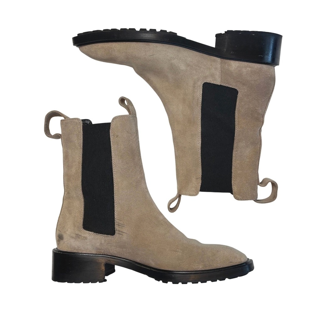 Aeyde Chelsea Boots Taupe Womens 6.5 37 Suede Square Toe Lug Sole Made in Italy